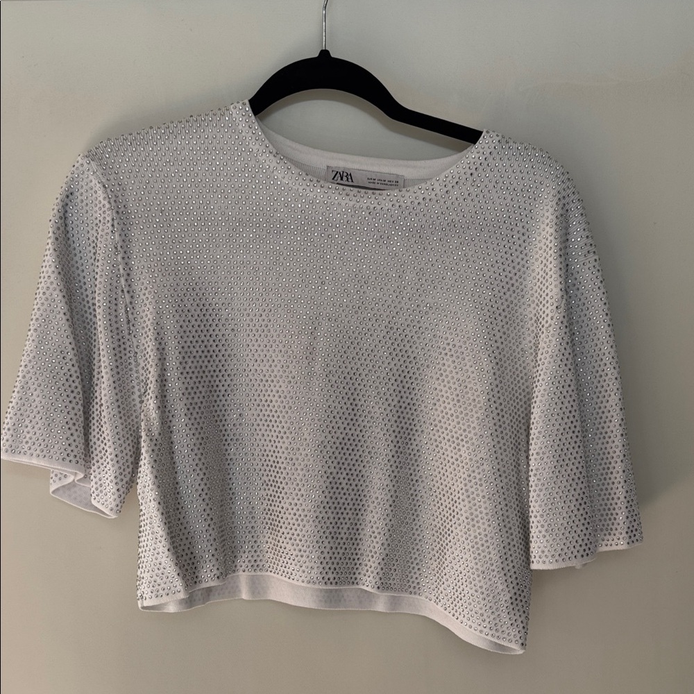 Zara White Cropped Rhinestone Short-Sleeve Top